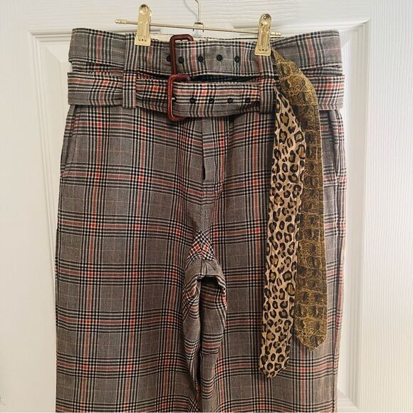 R13 Women's Plaid Cropped Pants with Leopard Belt - Picture 5 of 13